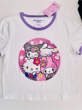 Hello Kitty White Crop Tee with Purple Trim and Pink Character Graphic